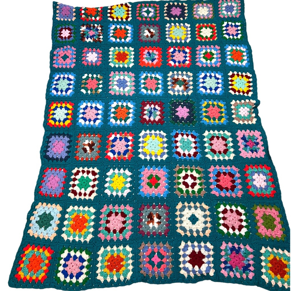 Vintage Multicolor Crochet Granny Square Throw Blanket